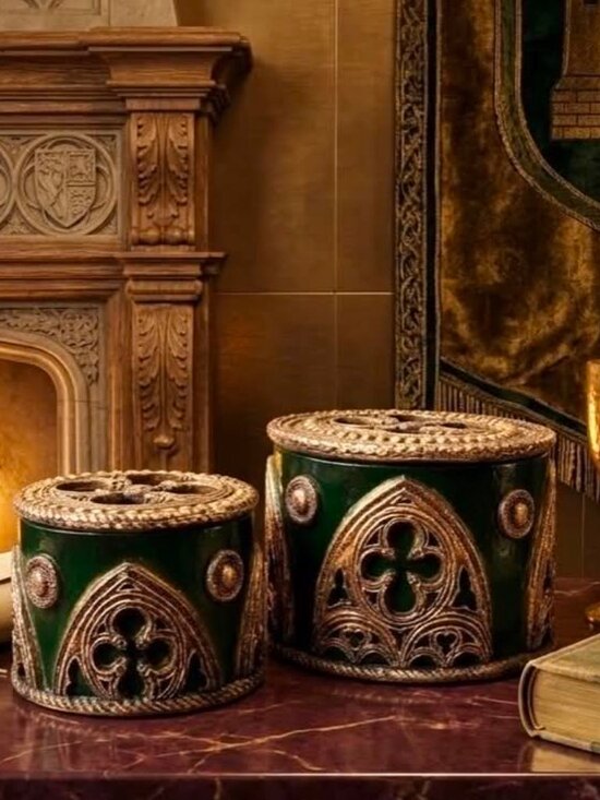 Sterling Other - NWT Set of 2 Sculptured Gothic Arch Quatrefoil Lidded Boxes Black Gold 6"& 5"